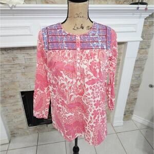 J. CREW floral pink‎ and white embroidered boho tunic size XXS